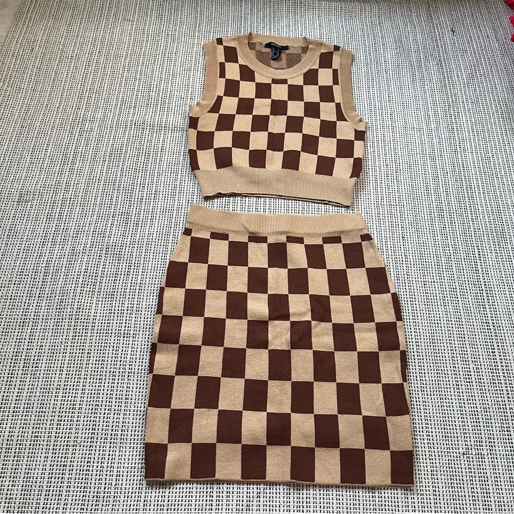 Forever 21 Tan and Brown Checkered Skirt Set